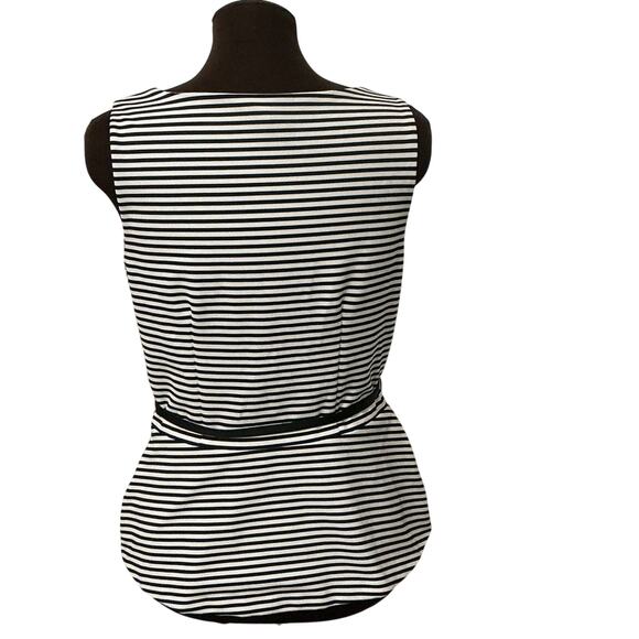 White House Black Market Black White Striped Belted Sleeveless Top Size 10 Work - Picture 6 of 11